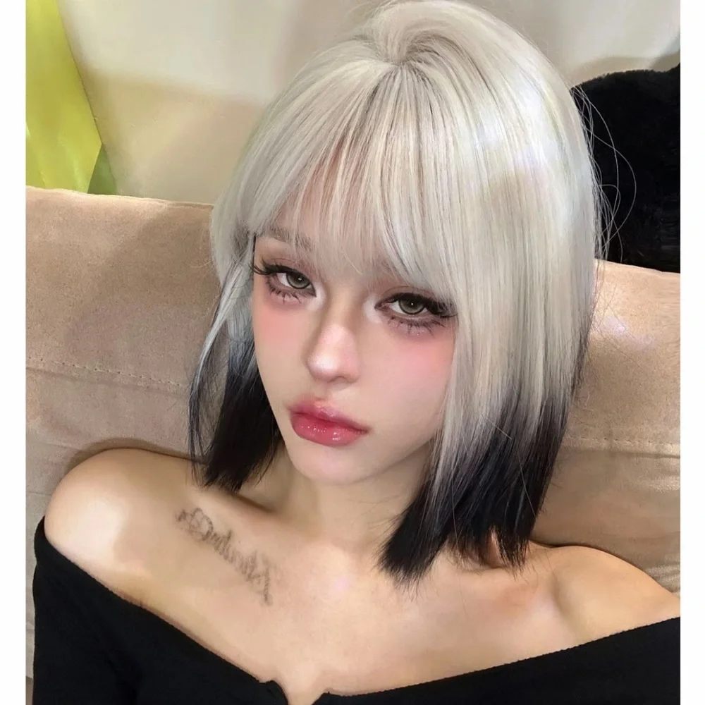 Heat Resistant Synthetic Silver to Black Ombre Short Bob Wig with Bangs